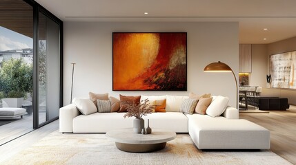 modern living room, large white sectional sofa, abstract orange artwork on wall, round coffee table, neutral color palette, cozy cushions, floor lamp with round shade, potted plants, natural light, mi