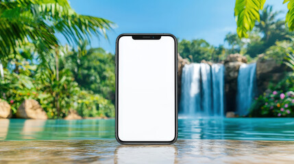 smartphone stands prominently in front of stunning waterfall, surrounded by lush greenery and serene pool. vibrant nature creates refreshing atmosphere, perfect for showcasing technology in natural