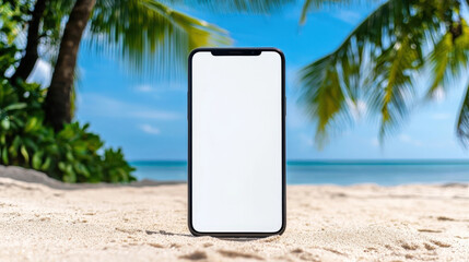 smartphone stands on sandy beach, surrounded by palm trees and clear blue sky, evoking sense of relaxation and summer vibes