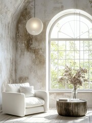 minimalist interior design, weathered wall, modern furniture, arched window, large spherical pendant light, soft natural light, cozy white armchair, rustic coffee table, flower arrangement, serene atm