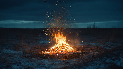 Fototapeta premium warm campfire flames in the dark field with sparks flying upwards