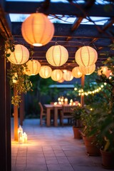 Obraz premium Festive ambiance on a terrace with a pergola adorned by glowing paper lanterns.
