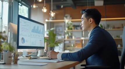 Fototapeta premium Asian businessman sitting at desk in his modern office, checking documents and charts on a large screen, surrounded by minimalist decor and natural light.