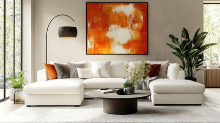 modern living room, large white sectional sofa, abstract orange artwork on wall, round coffee table, neutral color palette, cozy cushions, floor lamp with round shade, potted plants, natural light, mi