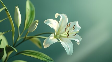 Fototapeta premium A delicate white lily flower isolated on a green background.