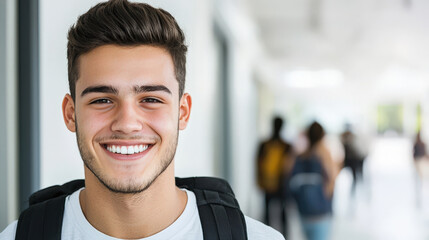Obraz premium young man with bright smile stands confidently in school hallway, showcasing positive and approachable demeanor. His casual attire and backpack suggest student environment