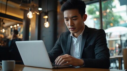Fototapeta premium Asian businessman typing on modern laptop in trendy coffee shop with coffee cup next to him and looking determined while doing presentation.
