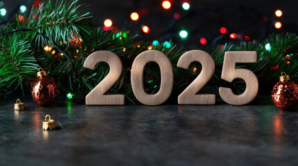 Celebrating upcoming year, this features numbers 2025 surrounded by festive decorations, including colorful lights and ornaments, creating joyful holiday atmosphere