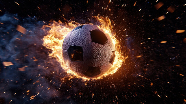 dynamic soccer ball engulfed in flames, symbolizing energy and excitement in sports. fiery background enhances intensity of scene, capturing thrill of game
