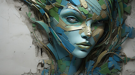 Face sculpture crafted from fragmented material pieces, showcasing a synthesis of natural and...