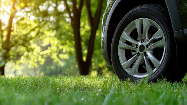 close up view of car tire on green grass, surrounded by lush trees and sunlight filtering through leaves, creating serene and peaceful atmosphere