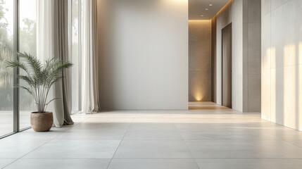 A minimalist and modern hallway with light grey tiles, the wall behind the door is blank for mockups