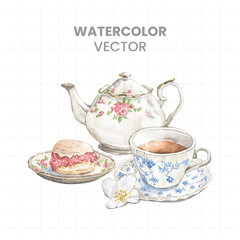 Afternoon tea set painted in watercolor