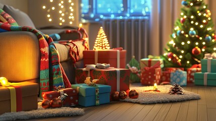 A cheerful holiday scene with warm lights, various wrapped presents in colorful paper, soft scarves in holiday colors draped over furniture, and seasonal decor like small Christmas trees, pinecones, 
