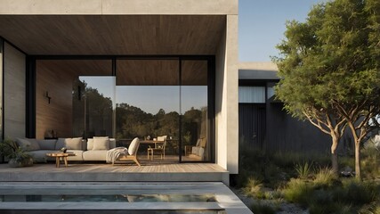 AI-Generated image of a small modern house. Minimalist, constructed exclusively with concrete and wood. In the middle of nature