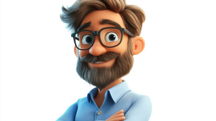 A cheerful cartoon character with glasses and a beard, showcasing a friendly demeanor and stylish attire.