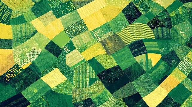 2410_146.aerial view farmland mosaic, geometric crop fields, patchwork landscape, vibrant green and yellow hues, abstract agricultural patterns, textured vector illustration