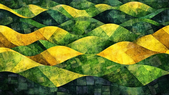 2410_146.aerial view farmland mosaic, geometric crop fields, patchwork landscape, vibrant green and yellow hues, abstract agricultural patterns, textured vector illustration