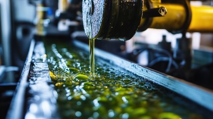 A close-up of oil being extracted from algae, with cutting-edge machinery refining the process to create a sustainable alternative to traditional oil sources