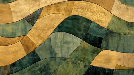 2410_148.overhead view of cultivated land, abstract geometric field divisions, varied farming textures, green and golden patchwork, minimalist agricultural representation