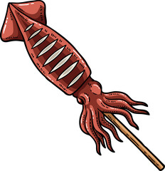 Vector Cartoon Hand Drawn Grilled Squid On Stick