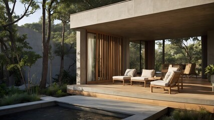 Fototapeta premium AI-Generated image of a small modern house. Minimalist, constructed exclusively with concrete and wood. In the middle of nature