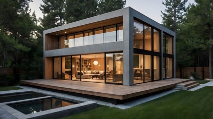 AI-Generated image of a small modern house. Minimalist, constructed exclusively with concrete and wood. In the middle of nature