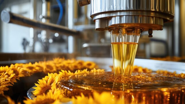 A cold-press machine extracting oil from sunflowers, highlighting the mechanical, chemical-free process used to produce high-quality cooking oil