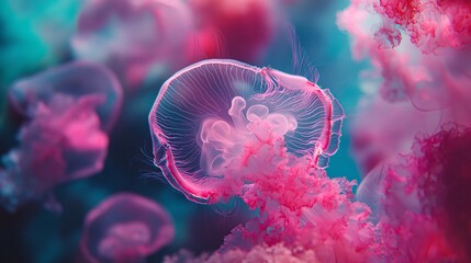 Obraz premium vibrant marine life, translucent jellyfish bodies, neon pink and teal color palette, macro underwater shot, floating sea creatures, surreal ocean depths