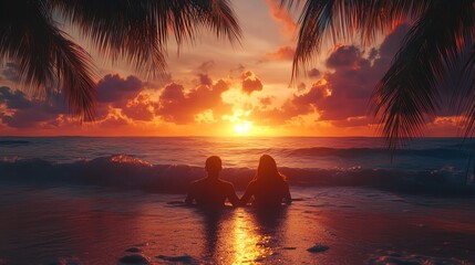 Couple silhouetted against a fiery sunset on a tropical beach.