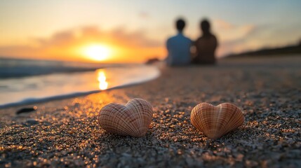 Heart shaped seashells on beach with couple silhouette at sunset.