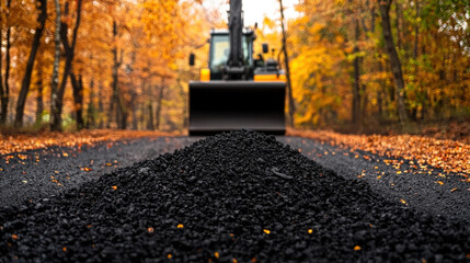 construction site in autumn with bulldozer preparing asphalt on road surrounded by vibrant fall foliage. scene captures essence of seasonal change and progress