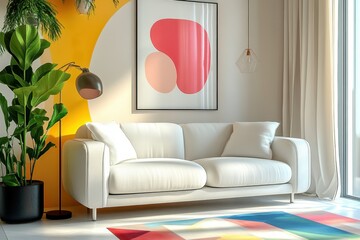 modern living room, minimalist design, white couch, abstract art, colorful decor, indoor plants, bright lighting, contemporary furniture, artwork with red and pink shapes, geometric rug, cozy interior