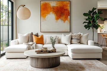 modern living room, large white sectional sofa, abstract orange artwork on wall, round coffee table, neutral color palette, cozy cushions, floor lamp with round shade, potted plants, natural light, mi