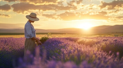 Fototapeta premium A farmer in a lavender field harvesting plants for organic essential oil production, with solar-powered equipment ensuring a sustainable farming process