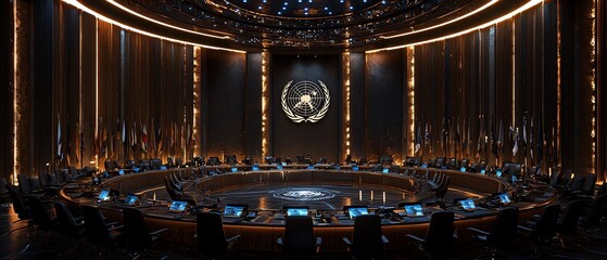 Futuristic conference room with circular table and high-tech lighting