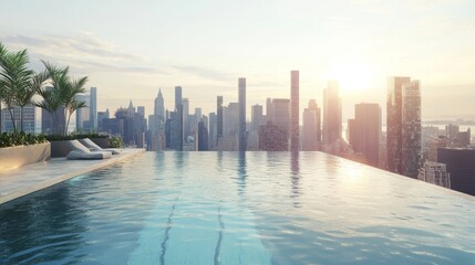 Fototapeta premium A rooftop infinity pool designed to face surrounding tall, modern buildings under bright, sunny weather