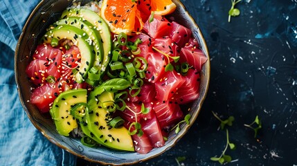 A vibrant poke bowl with fresh tuna and avocado