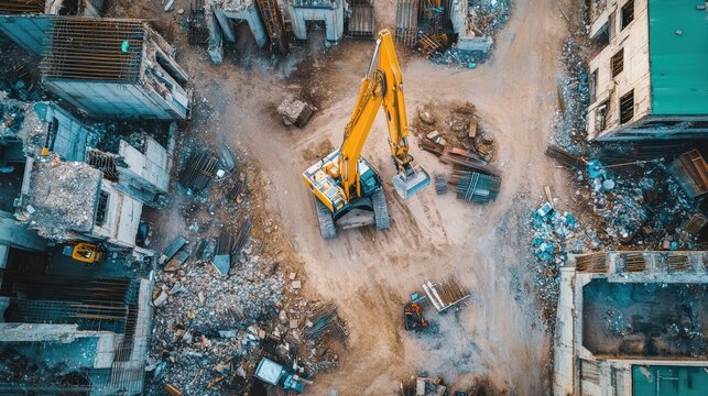 A green construction site where recycled plastic is being turned into building materials, showcasing a revolutionary approach to reducing waste in the construction industry