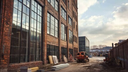 Fototapeta premium A historic industrial warehouse being transformed into a modern office space, with construction workers preserving the original brickwork while adding new glass windows