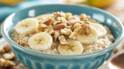 A warm bowl of oatmeal topped with bananas and nuts