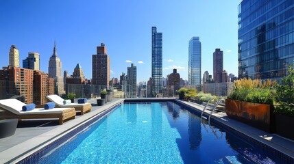 An inviting rooftop pool with surrounding buildings in view, set against bright, clear weather, creating a perfect urban retreat.