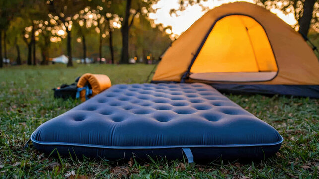 comfortable air mattress is set up on grass in front of glowing tent, surrounded by trees. scene captures essence of outdoor camping and relaxation