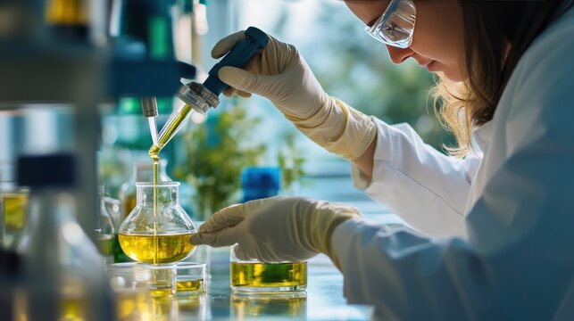 A lab technician extracting oil from algae in a research facility, showcasing the potential of algae as a renewable source of biofuel and sustainable oil production
