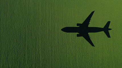 Aerial view of airplane shadow cast on vibrant green field, showcasing contrast between aircraft...