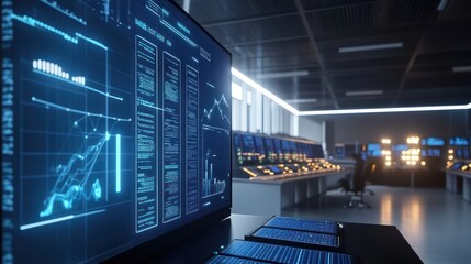 A microgrid control room showing real-time energy management, where engineers balance power from solar panels and batteries to maintain continuous electricity in a rural area