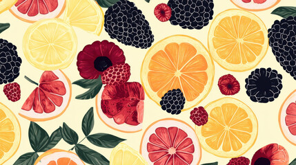 Seamless pattern of berries and citrus. Slices of lemon, orange, lime, blueberries, cranberries, lingonberries, cherries and strawberries