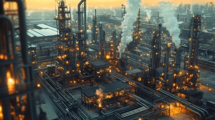 Fototapeta premium A modern oil refinery using advanced carbon capture technology to reduce emissions, with solar panels powering parts of the facility, demonstrating sustainable oil production