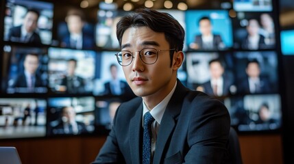 Fototapeta premium An Asian executive at the center of a video conference, participating in an international business meeting with multiple screens showing global team members