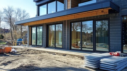Fototapeta premium A modern passive house under construction, with large triple-pane windows and thick insulation being installed to maximize energy efficiency and natural heating